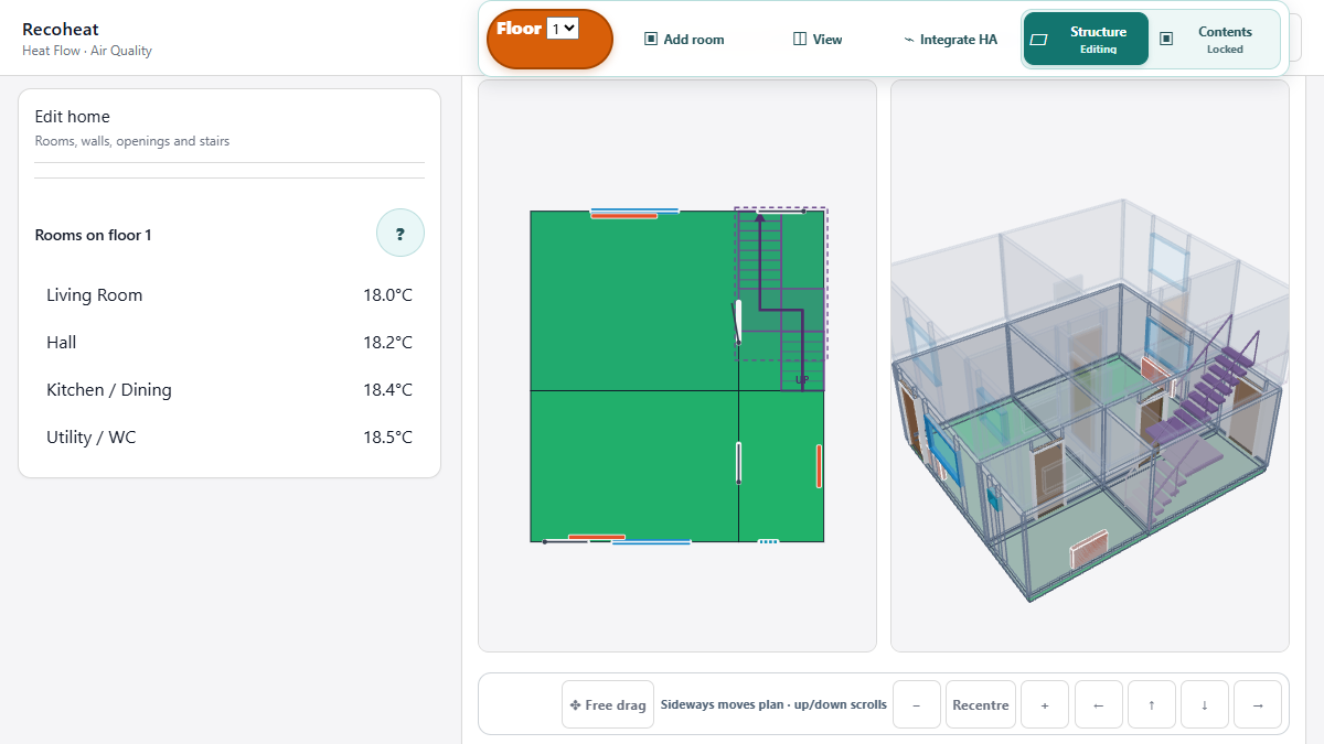 The home editor shows the room list, floor plan and 3D model together.