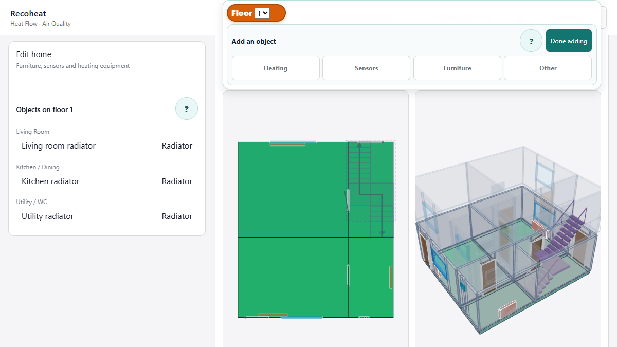 The contents editor offers heating, sensors, furniture and other object categories.