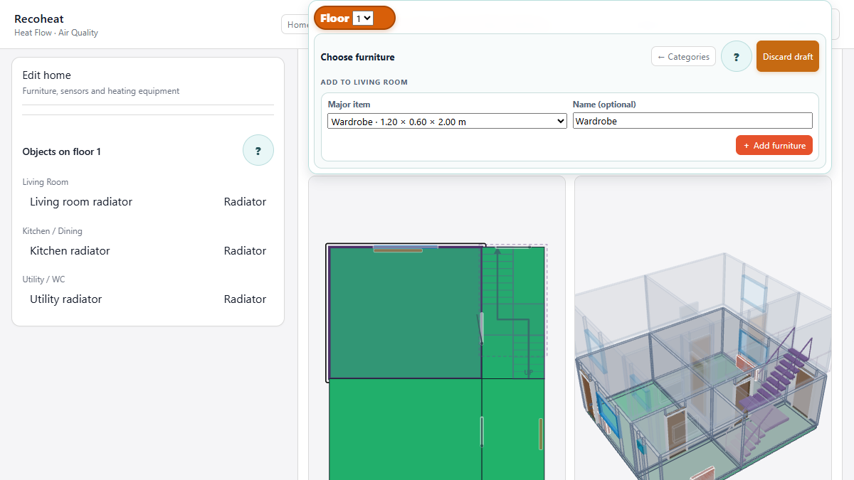 A wardrobe is selected with its suggested dimensions and matching name.