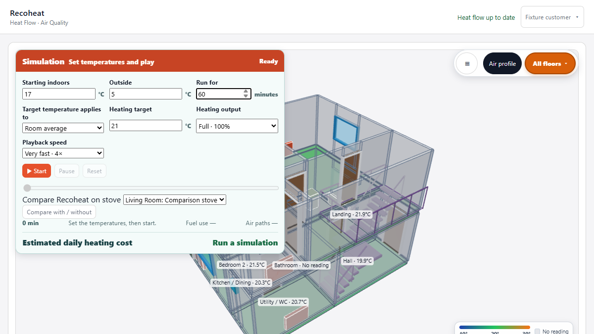 The Simulation panel sets starting and outside temperatures, duration, target and heating output.