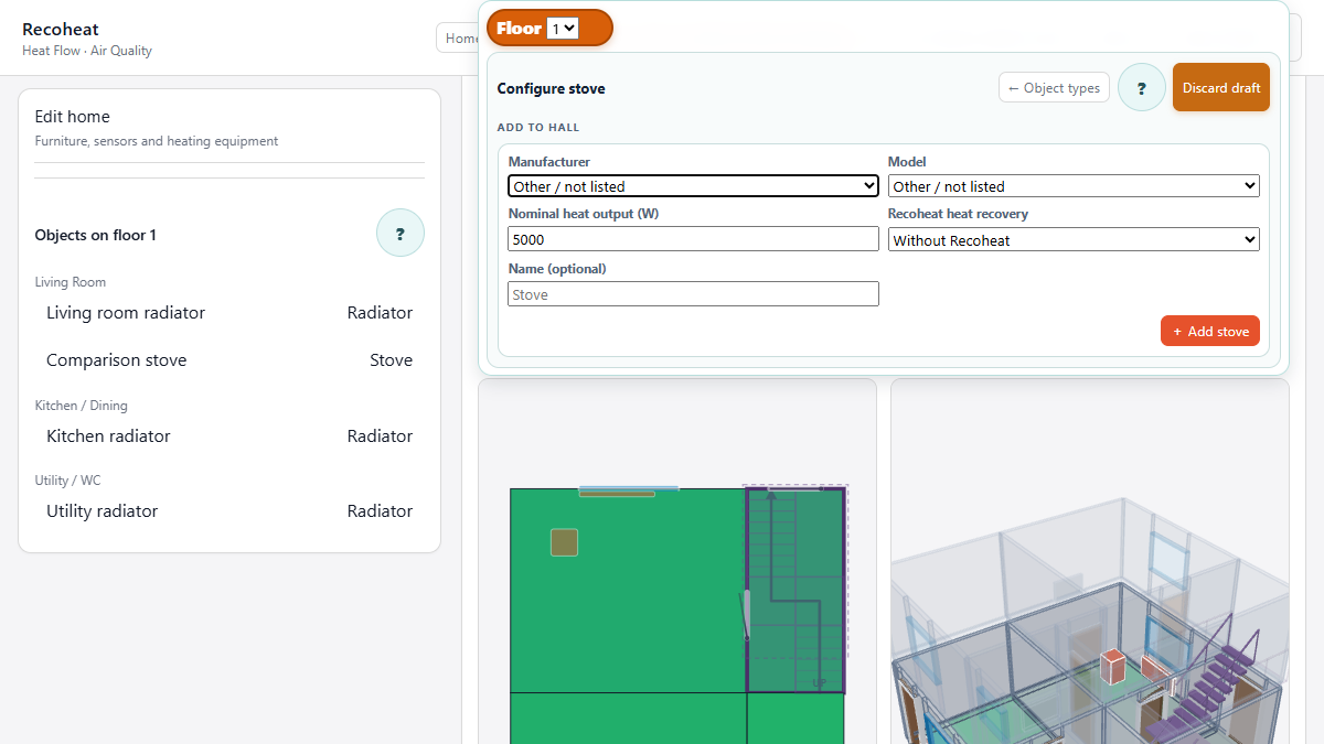 The Contents editor is configuring the same stove in the Hall while its earlier Living Room placement remains listed.